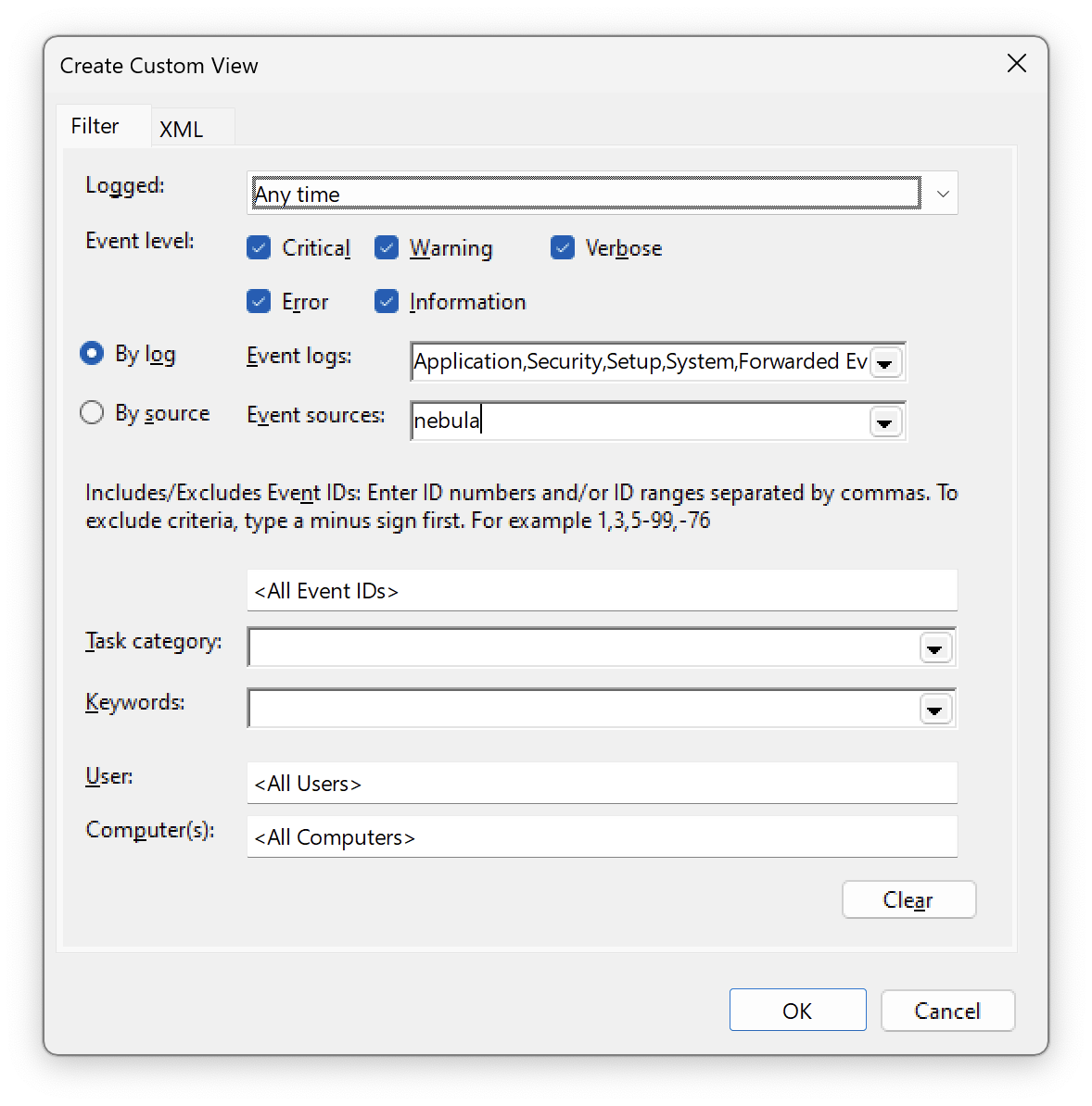 Custom events viewer form showing `nebula` entered within the `Source` field